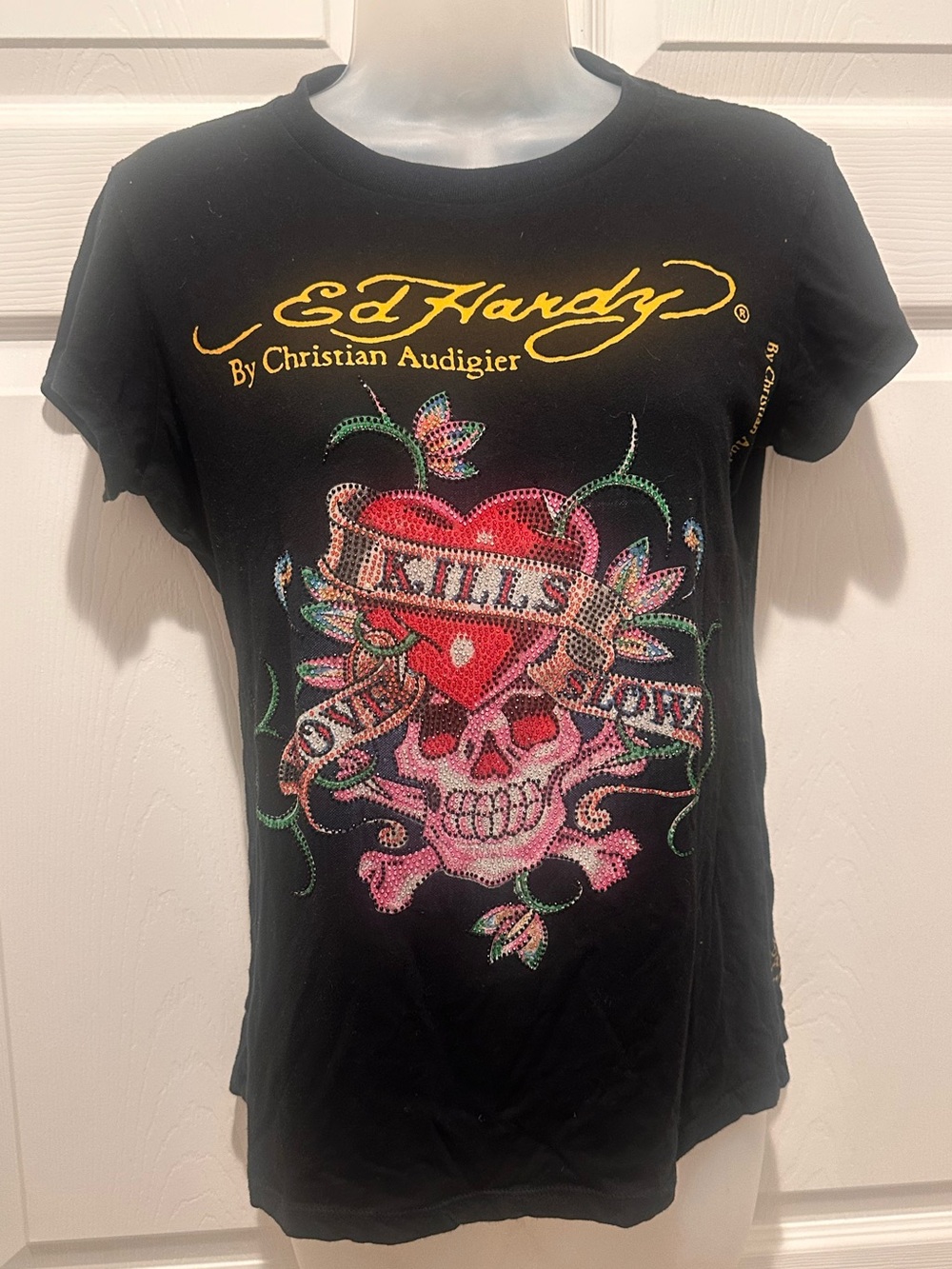 Ed Hardy Love Kills Slowly Rhinestone Skull Tee XL Y2K Made USA Rare Archive HTF
